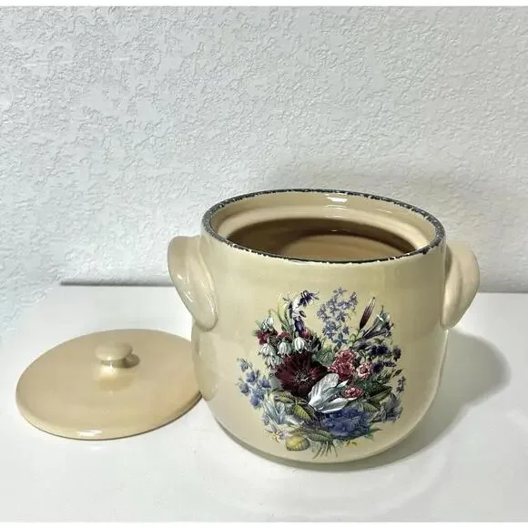 Home & Garden Party Lg Stoneware Ceramic Pot with Handles Lid and Floral Design - Picture 3 of 16